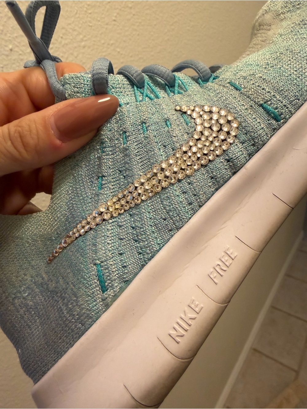 Nike Women's Light Teal Knit Running Shoe with Swarovski Crystal Swoosh